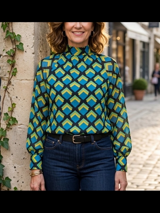 New York & Company Tops - New York & Company Retro Geometric High Neck Long Sleeve Blouse NWT Size S